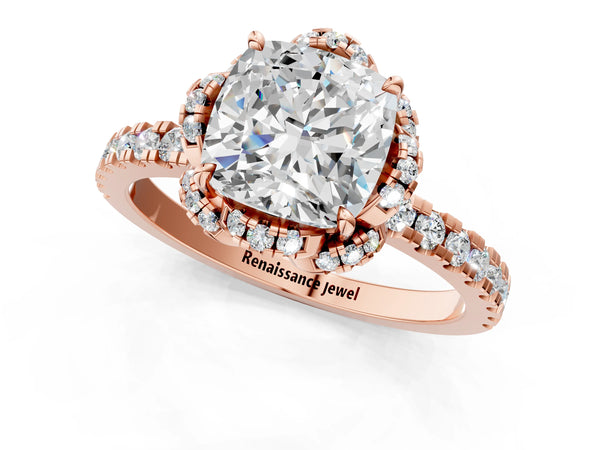 Rose gold Cushion Cut Diamond Halo Pave Band with Four-Prong Setting