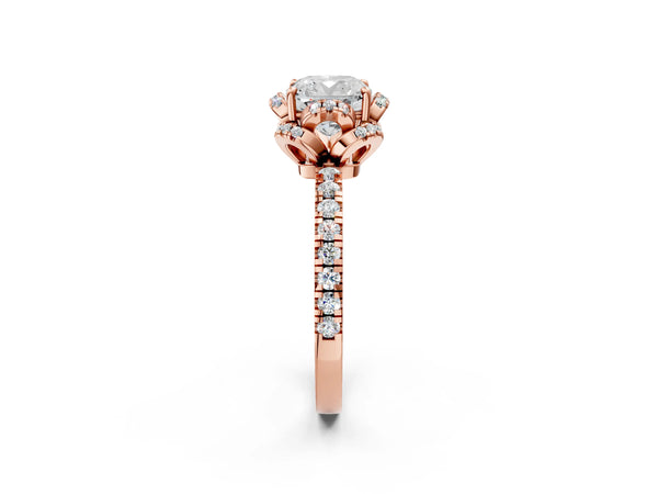 Rose gold Cushion Cut Diamond Halo Pave Band with Four-Prong Setting