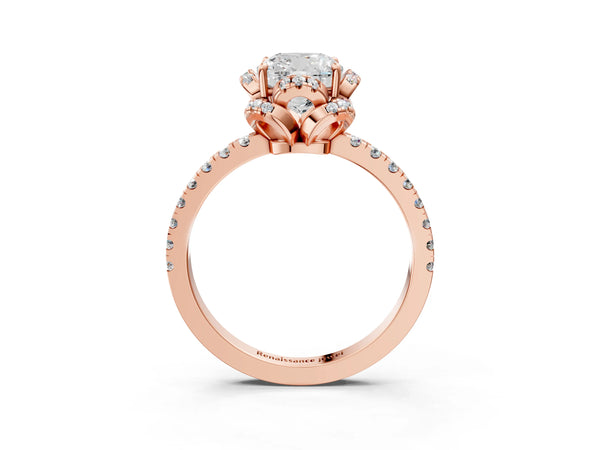 Rose gold Cushion Cut Diamond Halo Pave Band with Four-Prong Setting