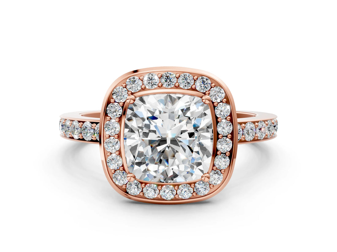 Rose gold Cushion Cut Diamond Halo Ring with Bezel Frame and Pavé Band_7