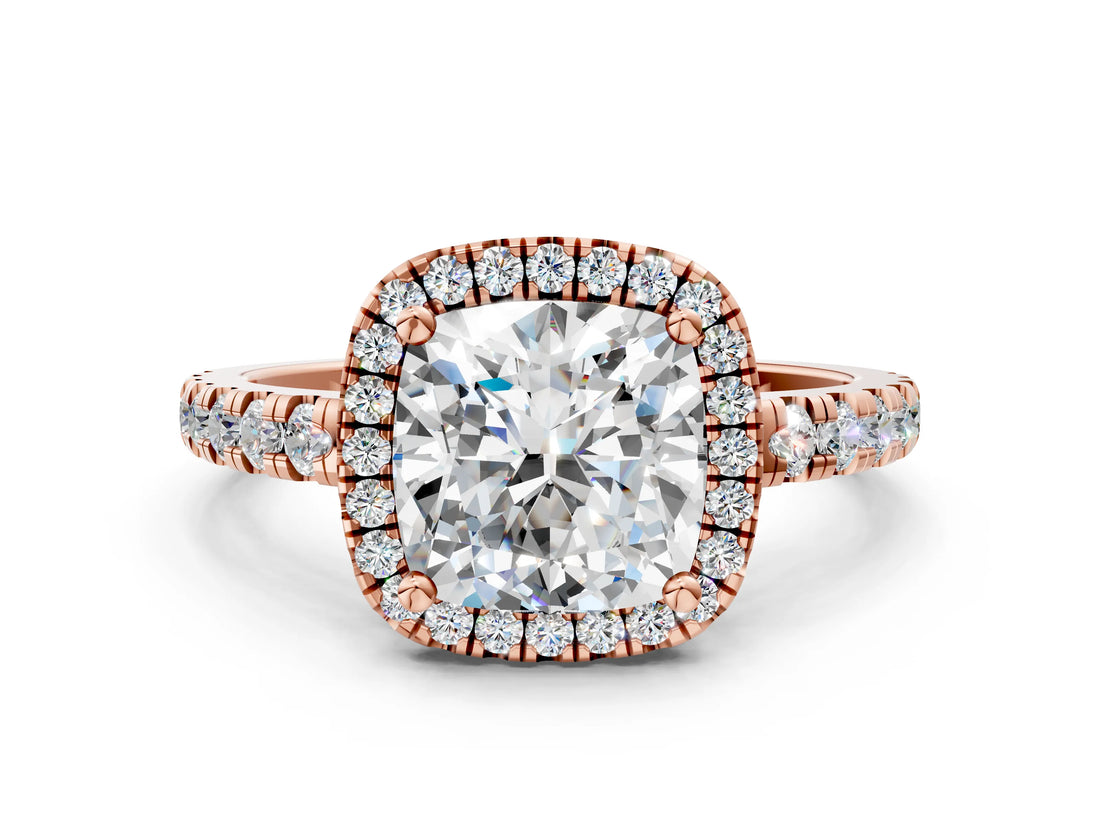 Rose gold Cushion Cut Diamond Halo Ring with Pavé Band and Four-Prong Setting_3