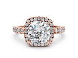 Rose gold Cushion Cut Diamond Halo Ring with Pavé Band and Four-Prong Setting_3