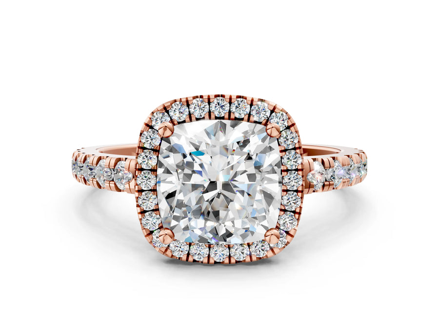 Rose gold Cushion Cut Diamond Halo Ring with Pavé Band and Four-Prong Setting
