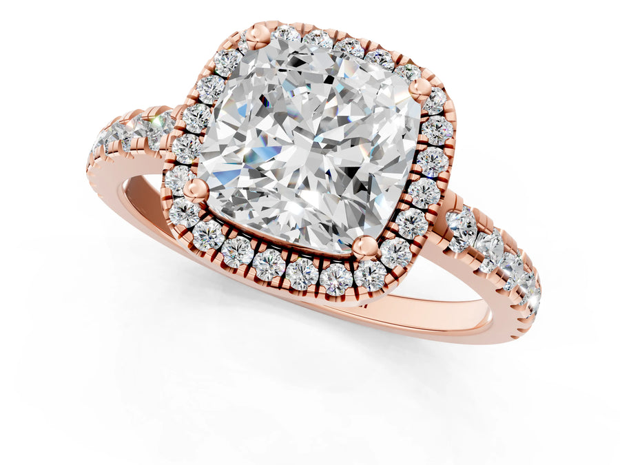 Rose gold Cushion Cut Diamond Halo Ring with Pavé Band and Four-Prong Setting