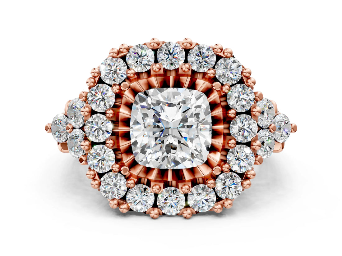 Rose gold Cushion Cut Diamond Halo Ring with Pavé Band and Four-Prong Setting_41