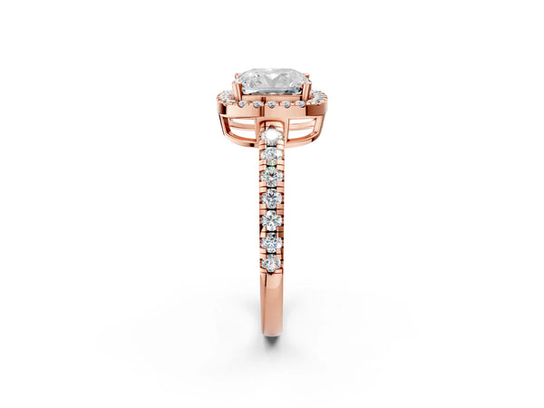 Rose gold Cushion Cut Diamond Halo Ring with Pavé Band and Four-Prong Setting