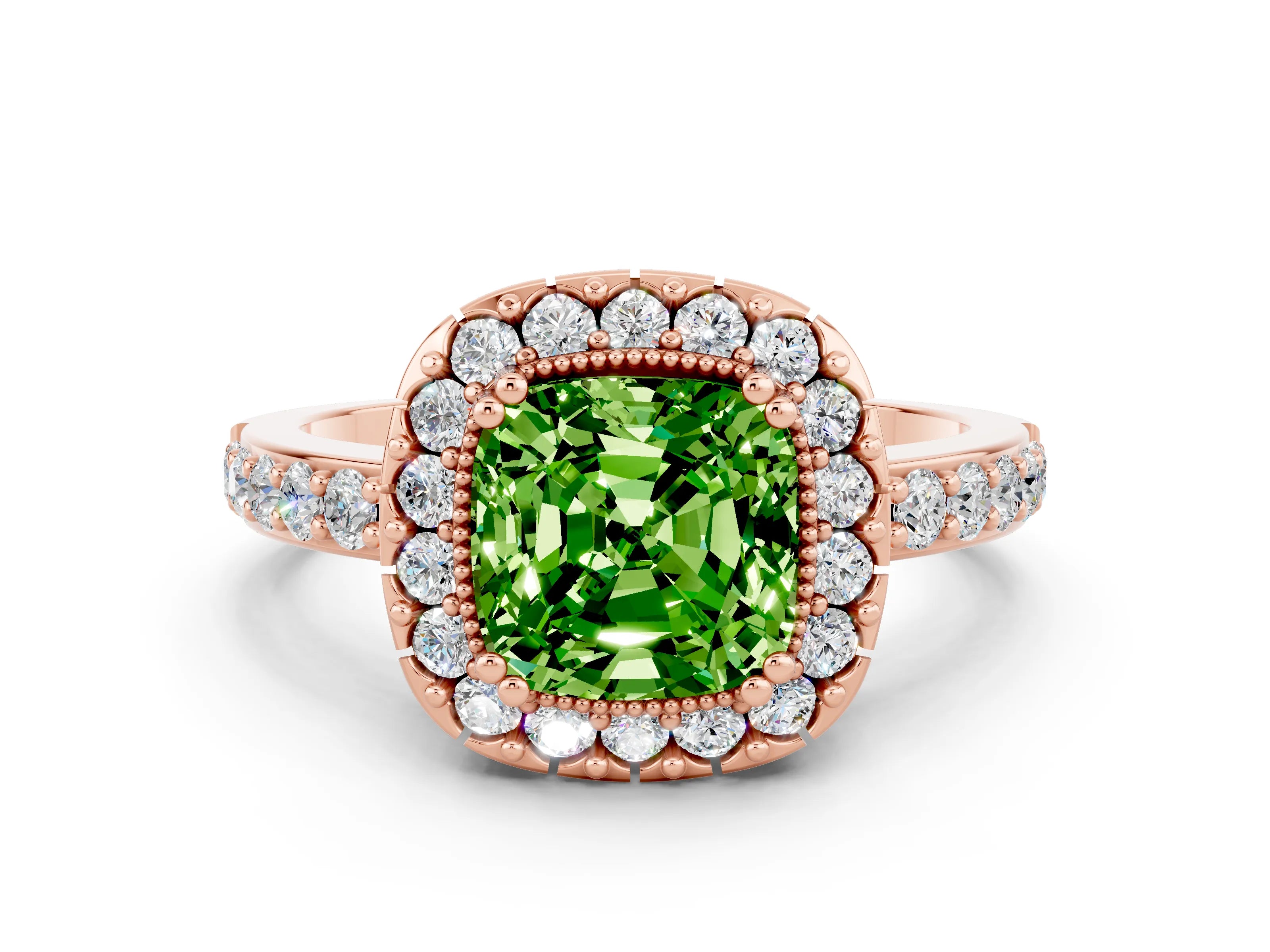 Rose gold Cushion Cut Diamond Halo Ring with Pavé Band and Prong Setting