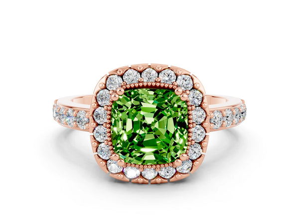 Rose gold Cushion Cut Peridot Halo Ring with Pavé Band and Prong Setting