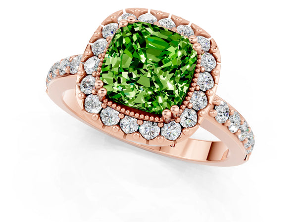 Rose gold Cushion Cut Peridot Halo Ring with Pavé Band and Prong Setting