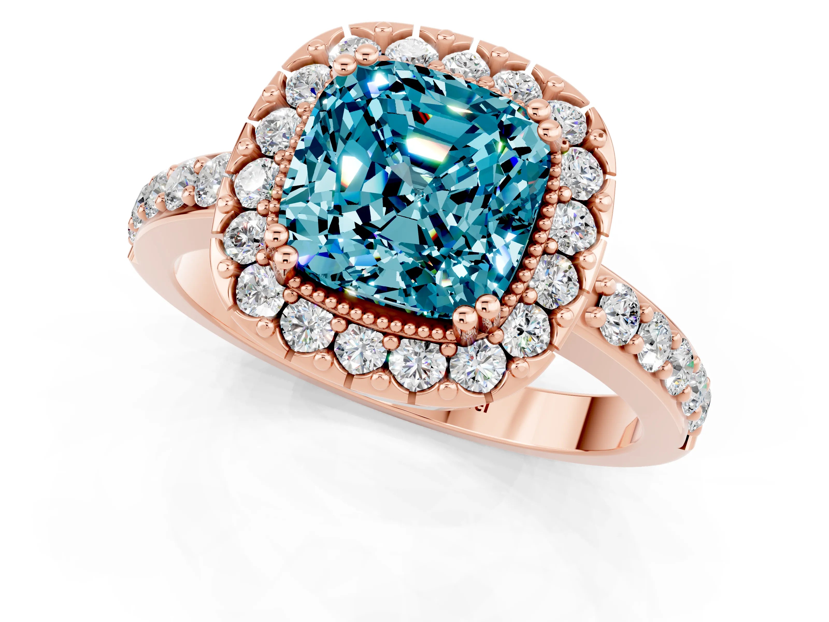 Rose gold Cushion Cut Diamond Halo Ring with Pavé Band and Prong Setting_1