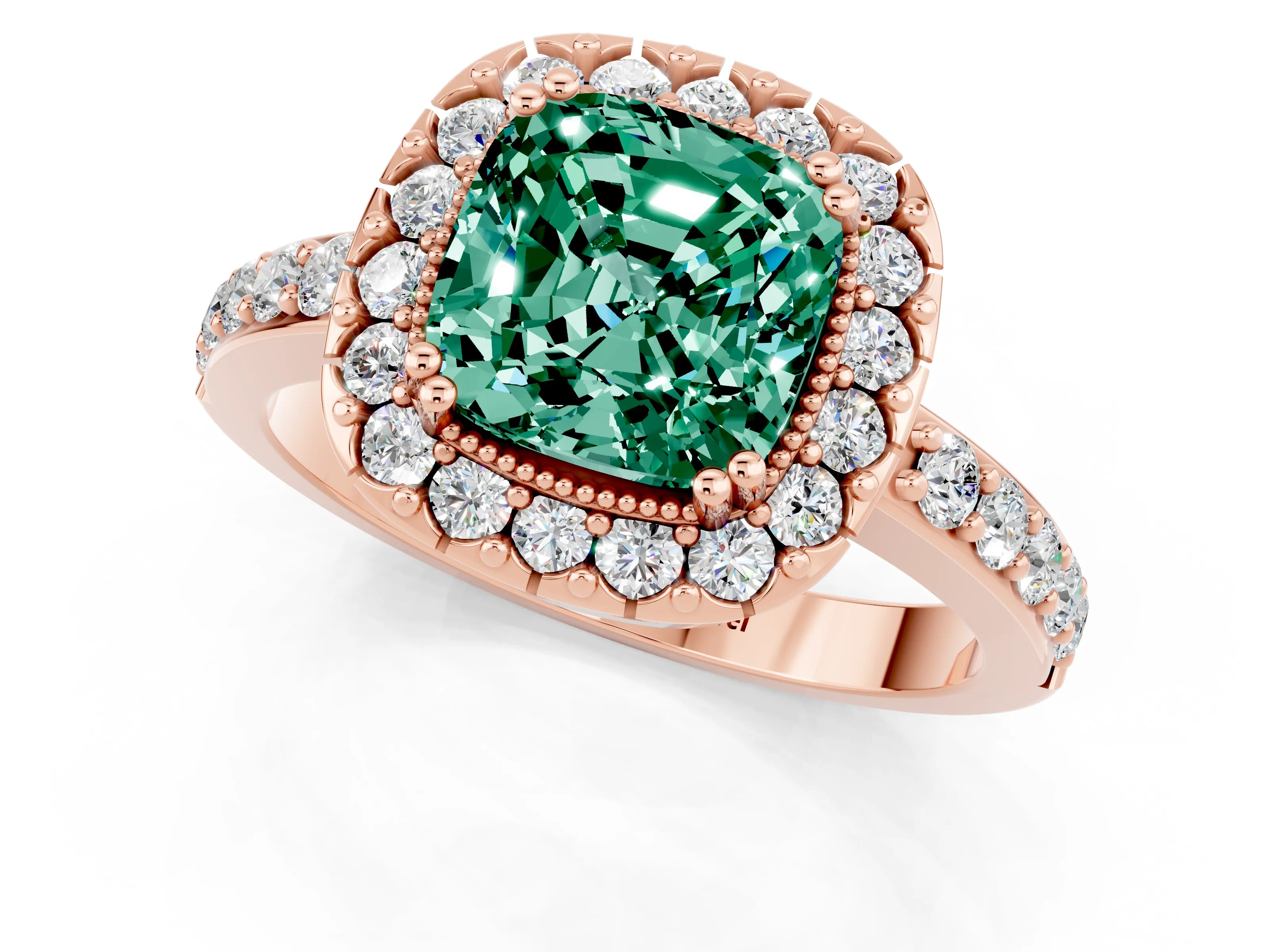 Rose gold Cushion Cut Diamond Halo Ring with Pavé Band and Prong Setting_1