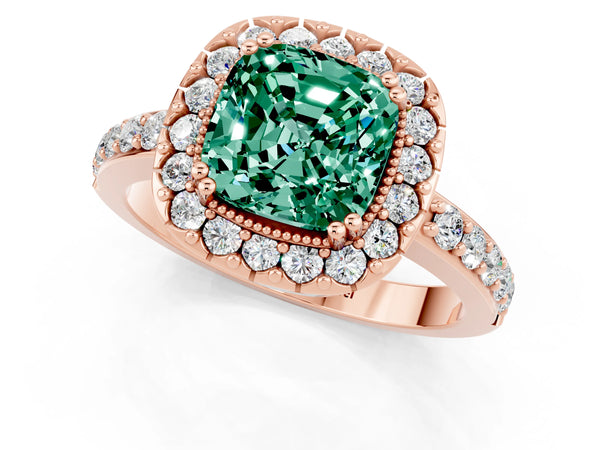 Rose gold Cushion Cut Green Sapphire Halo Ring with Pavé Band and Prong Setting