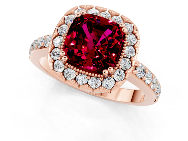 Rose gold Cushion Cut Garnet Halo Ring with Pavé Band and Prong Setting