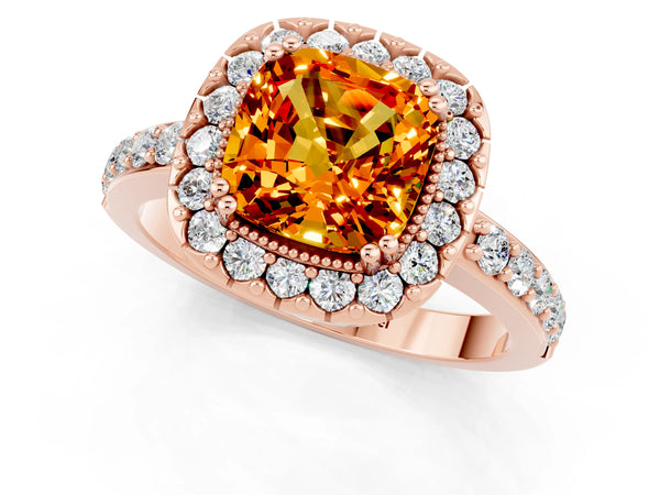 Rose gold Cushion Cut Citrine Halo Ring with Pavé Band and Prong Setting