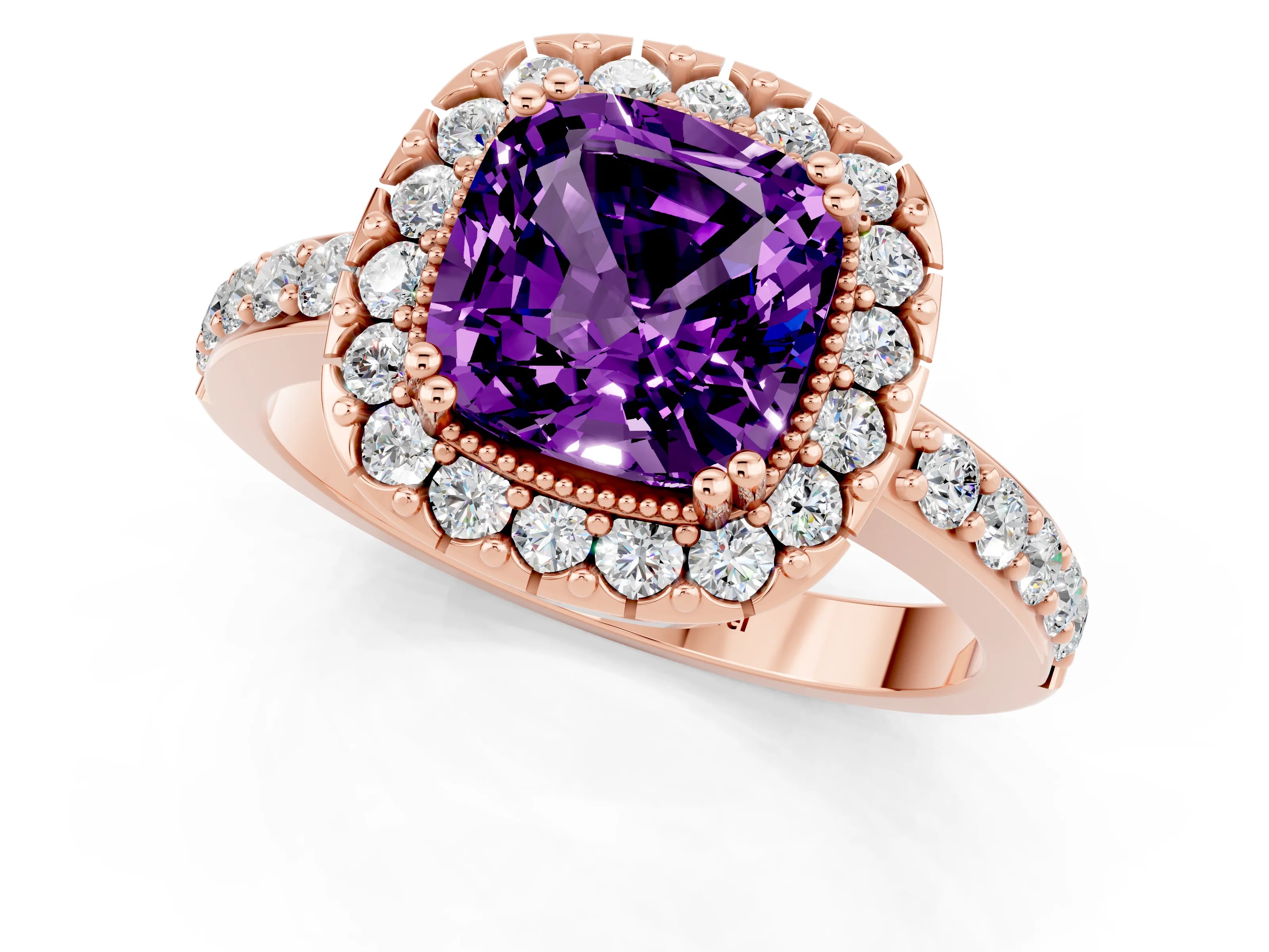 Rose gold Cushion Cut Diamond Halo Ring with Pavé Band and Prong Setting_1