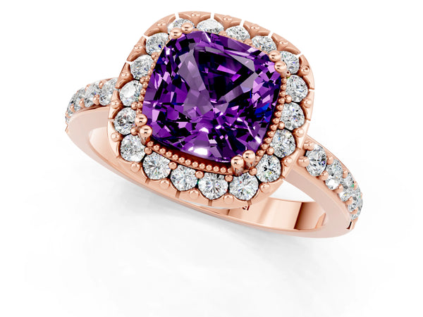 Rose gold Cushion Cut Amethyst Halo Ring with Pavé Band and Prong Setting