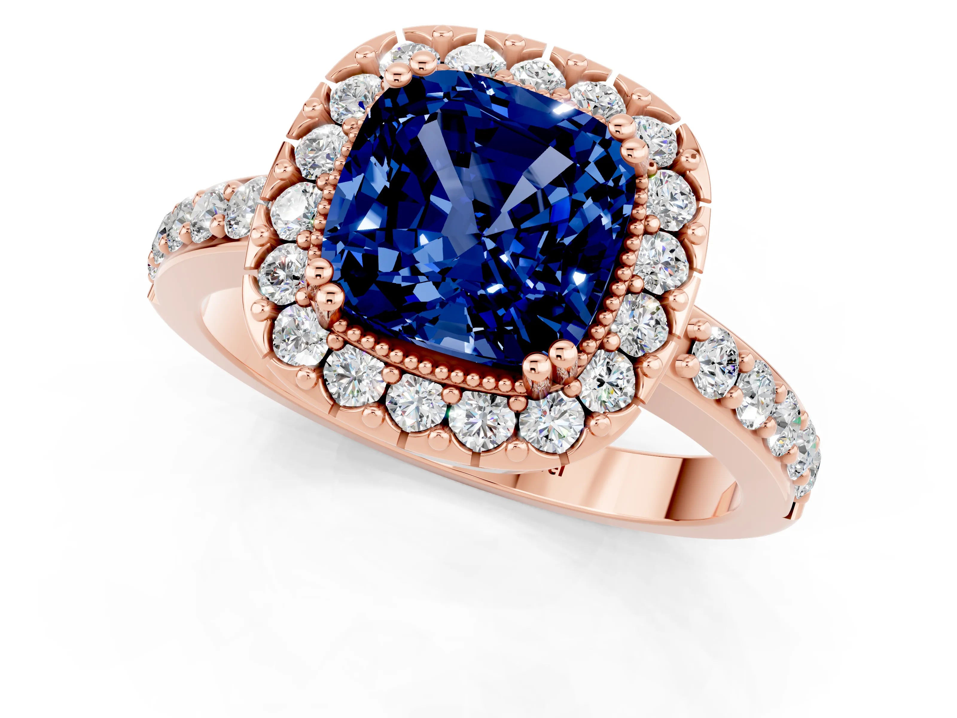 Rose gold Cushion Cut Diamond Halo Ring with Pavé Band and Prong Setting_1