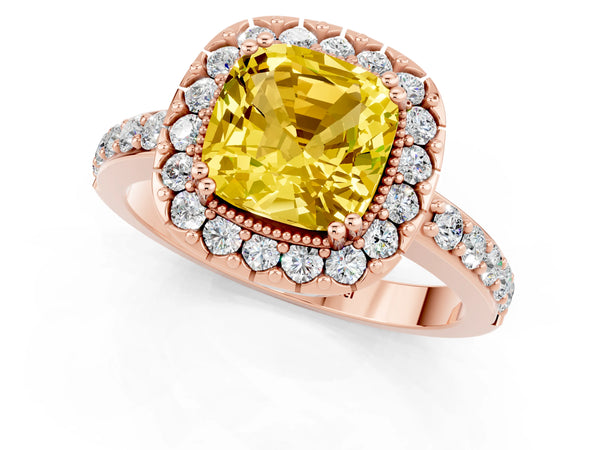 Rose gold Cushion Cut Yellow Sapphire Halo Ring with Pavé Band and Prong Setting