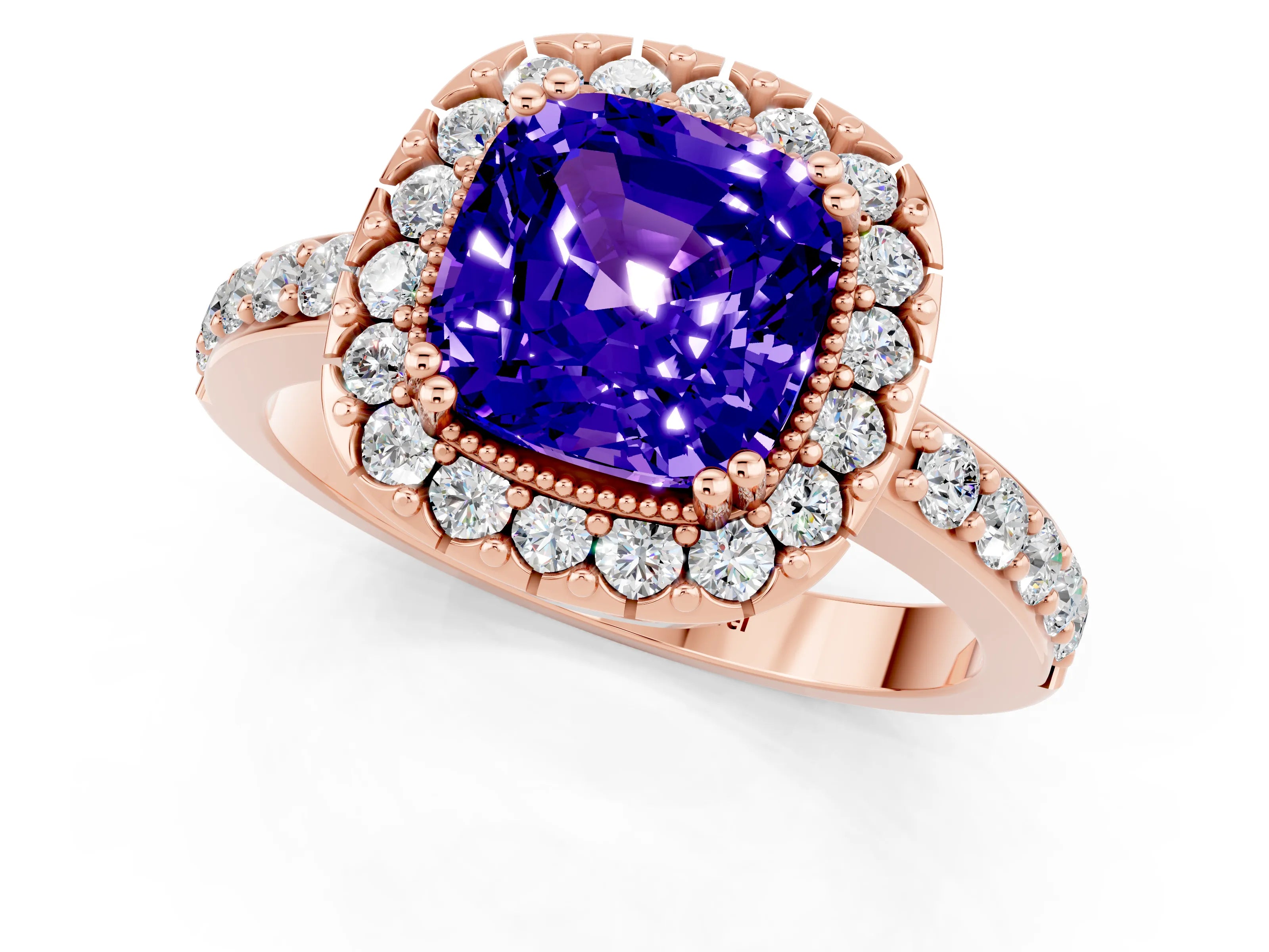 Rose gold Cushion Cut Diamond Halo Ring with Pavé Band and Prong Setting_1