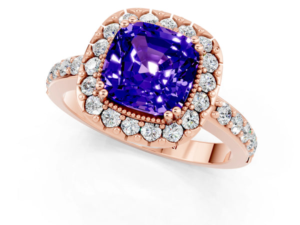 Rose gold Cushion Cut Tanzanite Halo Ring with Pavé Band and Prong Setting