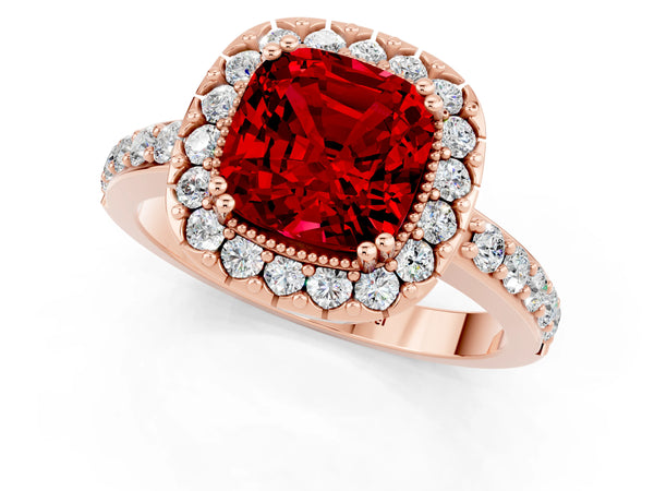Rose gold Cushion Cut Ruby Halo Ring with Pavé Band and Prong Setting