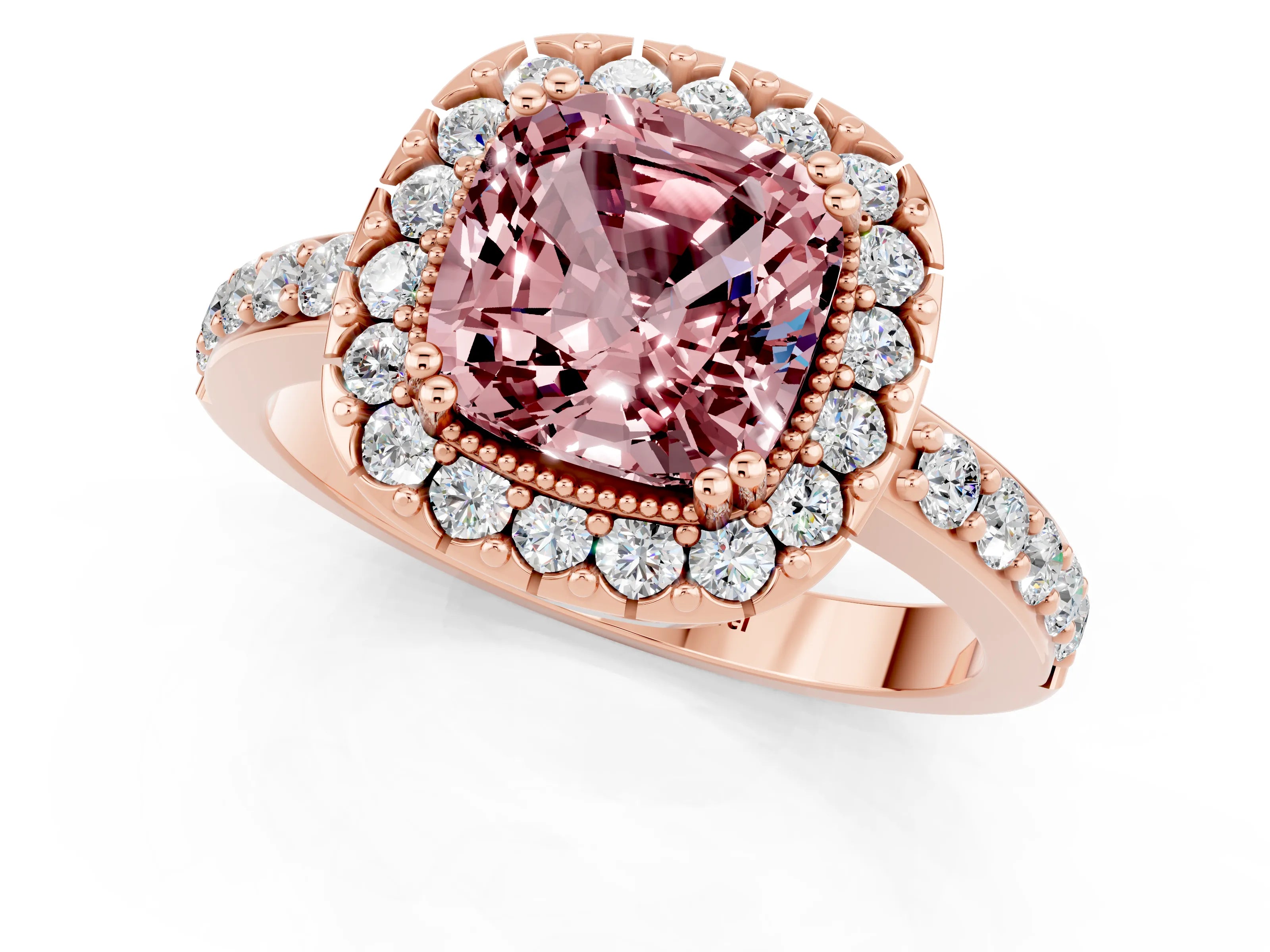 Rose gold Cushion Cut Diamond Halo Ring with Pavé Band and Prong Setting_1