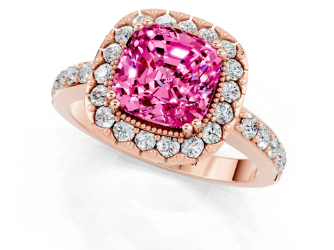 Rose gold Cushion Cut Diamond Halo Ring with Pavé Band and Prong Setting_1