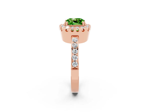 Rose gold Cushion Cut Peridot Halo Ring with Pavé Band and Prong Setting