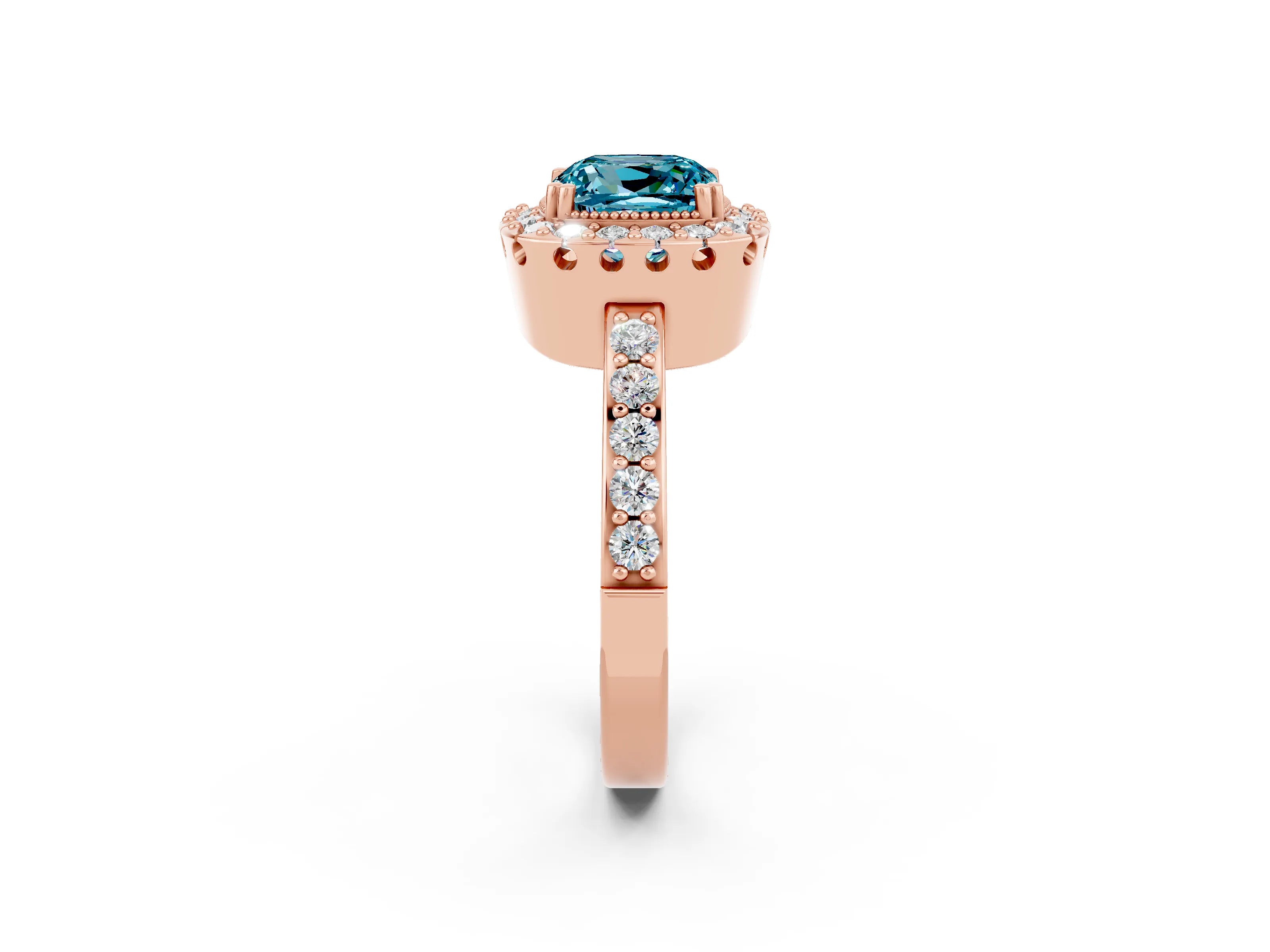 Rose gold Cushion Cut Diamond Halo Ring with Pavé Band and Prong Setting_2
