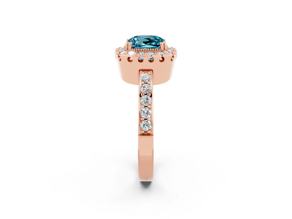 Rose gold Cushion Cut Blue Topaz Halo Ring with Pavé Band and Prong Setting
