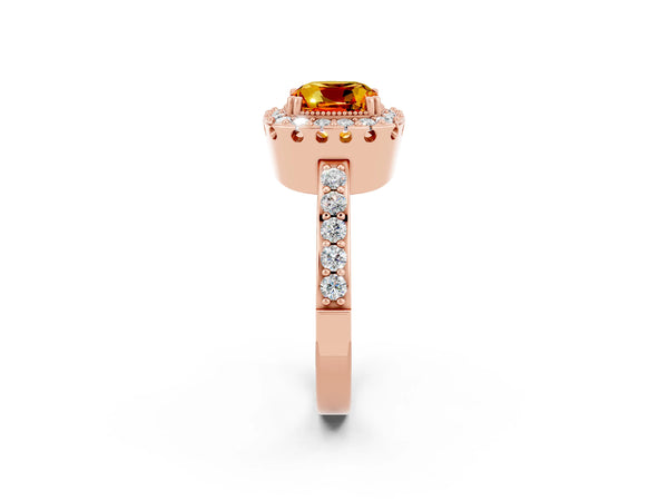 Rose gold Cushion Cut Citrine Halo Ring with Pavé Band and Prong Setting