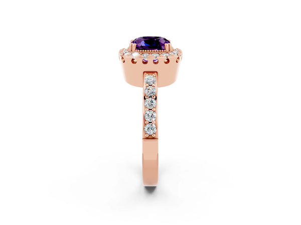 Rose gold Cushion Cut Amethyst Halo Ring with Pavé Band and Prong Setting