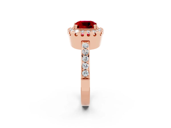 Rose gold Cushion Cut Ruby Halo Ring with Pavé Band and Prong Setting