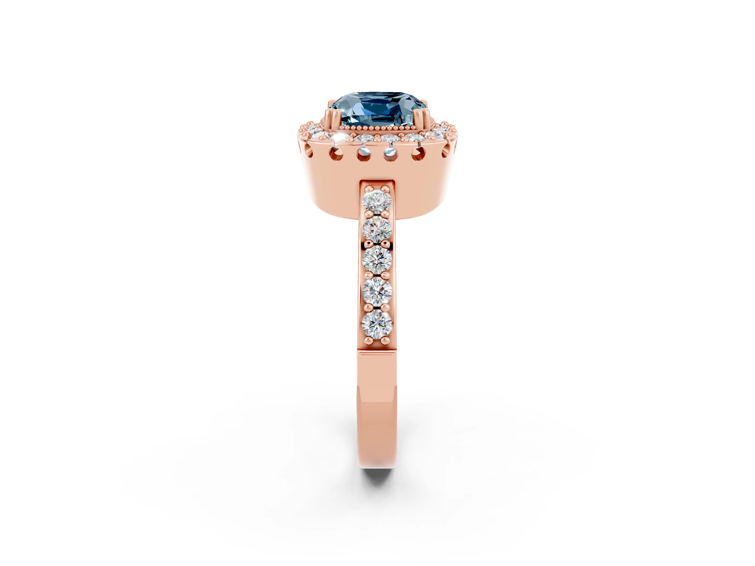 Rose gold Cushion Cut Diamond Halo Ring with Pavé Band and Prong Setting_2