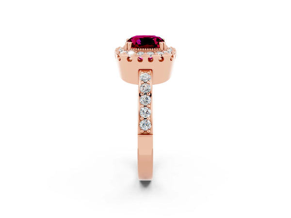 Rose gold Cushion Cut Garnet Halo Ring with Pavé Band and Prong Setting