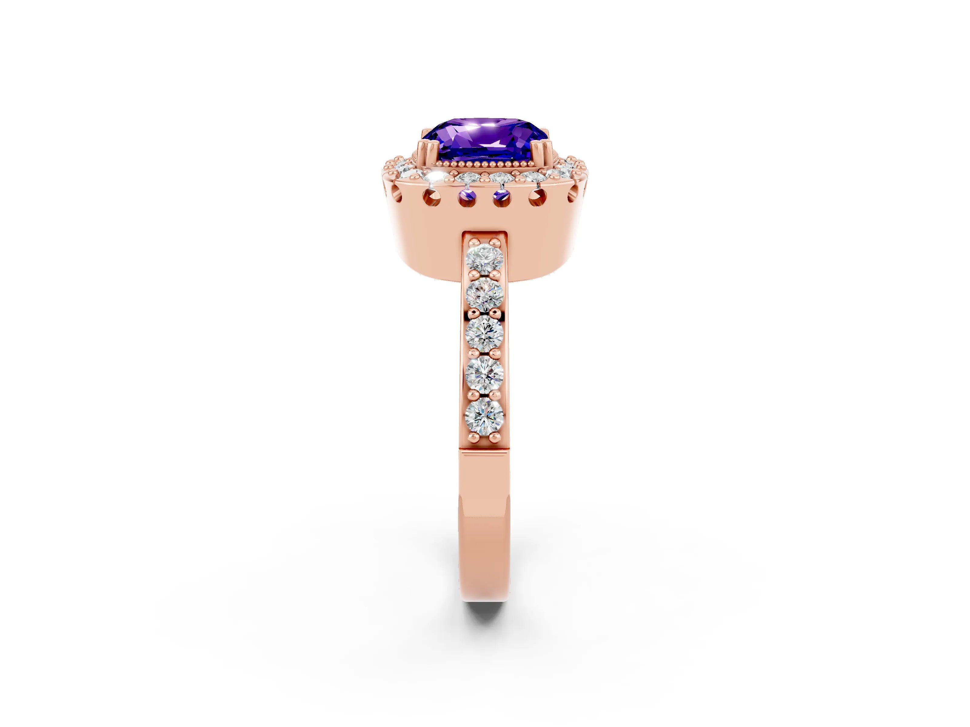Rose gold Cushion Cut Diamond Halo Ring with Pavé Band and Prong Setting_2