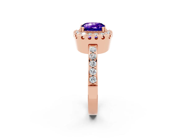 Rose gold Cushion Cut Tanzanite Halo Ring with Pavé Band and Prong Setting