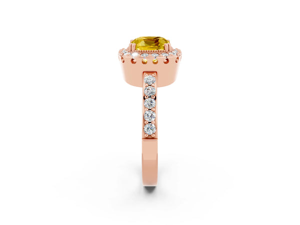 Rose gold Cushion Cut Yellow Sapphire Halo Ring with Pavé Band and Prong Setting
