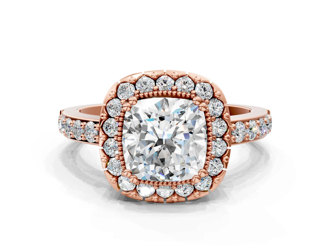 Rose gold Cushion Cut Diamond Halo Ring with Pavé Band and Prong Setting_3
