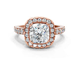Rose gold Cushion Cut Diamond Halo Ring with Pavé Band and Prong Setting_3