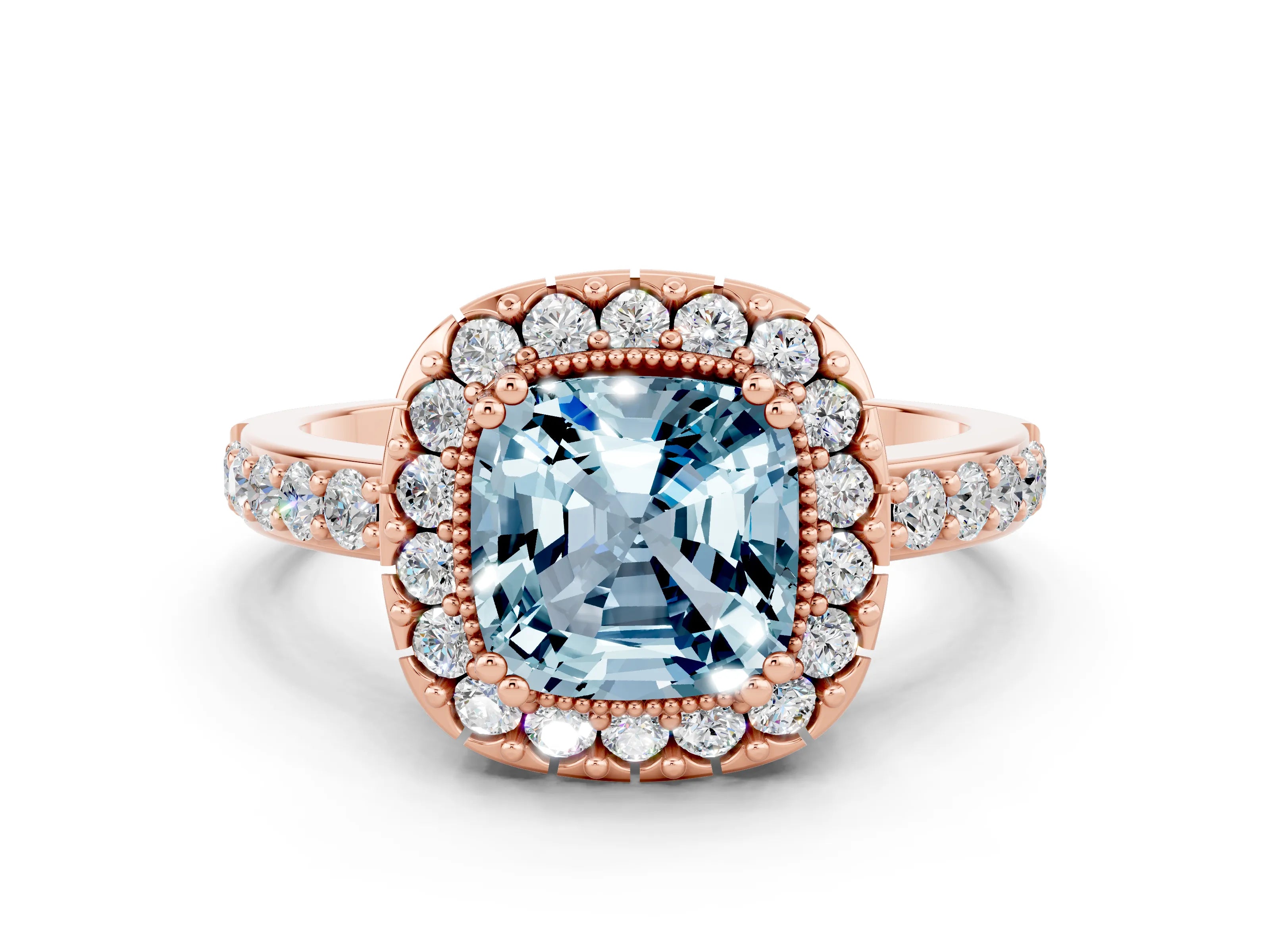 Rose gold Cushion Cut Diamond Halo Ring with Pavé Band and Prong Setting