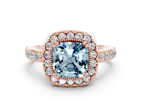 Rose gold Cushion Cut Diamond Halo Ring with Pavé Band and Prong Setting