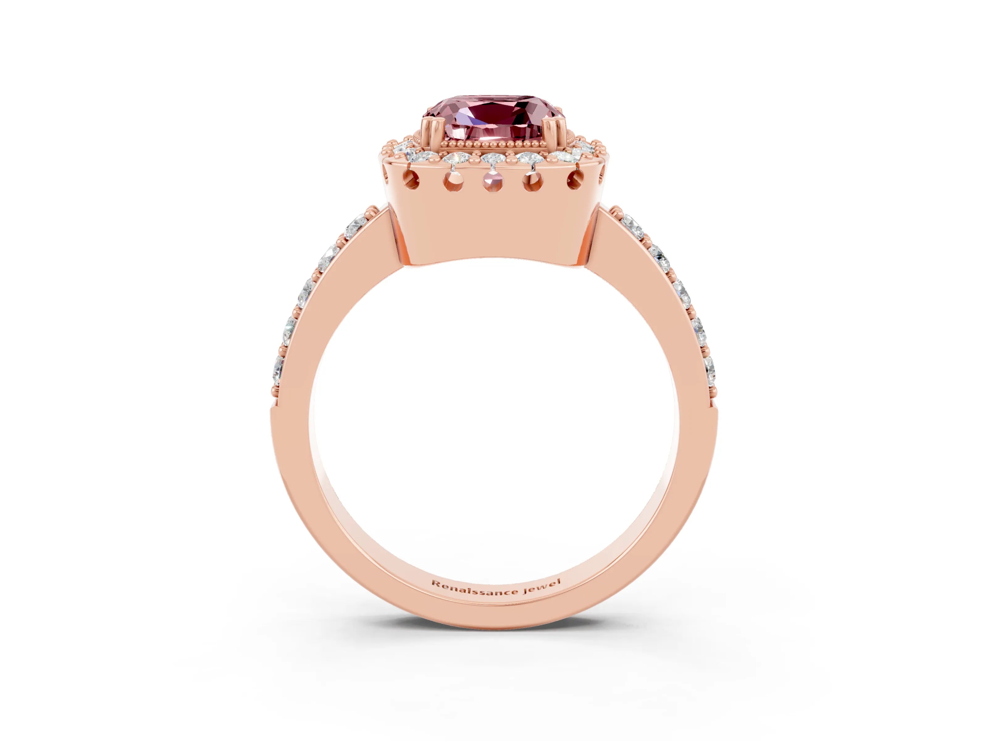 Rose gold Cushion Cut Diamond Halo Ring with Pavé Band and Prong Setting_3