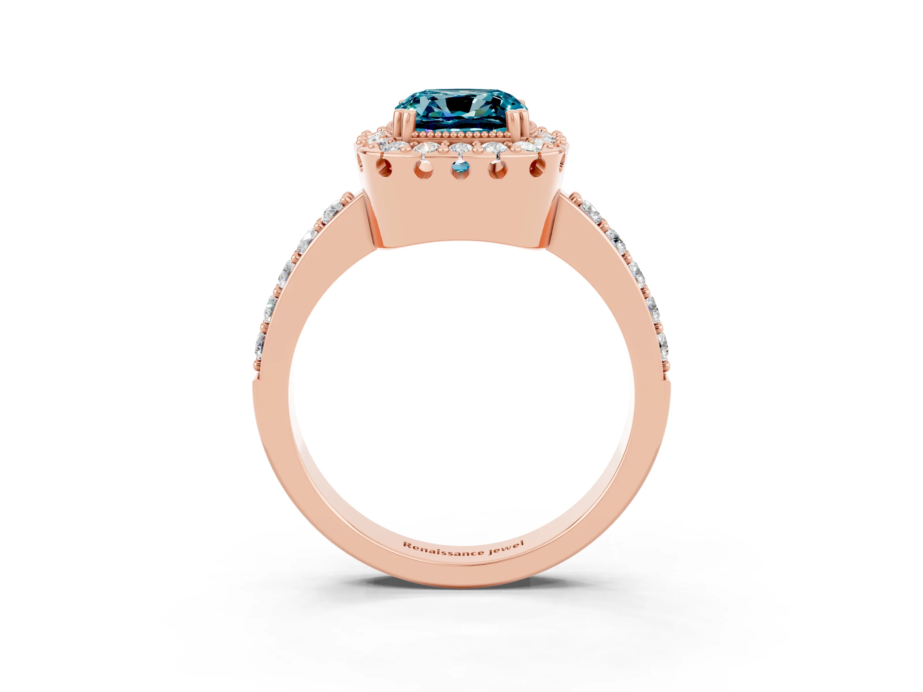 Rose gold Cushion Cut Diamond Halo Ring with Pavé Band and Prong Setting_3