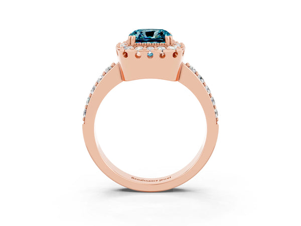 Rose gold Cushion Cut Blue Topaz Halo Ring with Pavé Band and Prong Setting