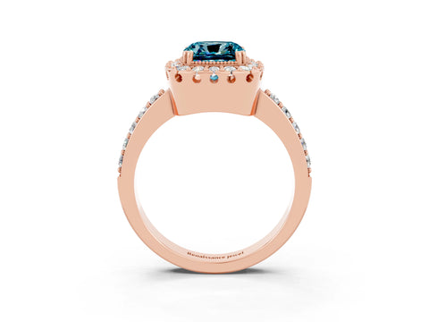 Rose gold Cushion Cut Diamond Halo Ring with Pavé Band and Prong Setting_3