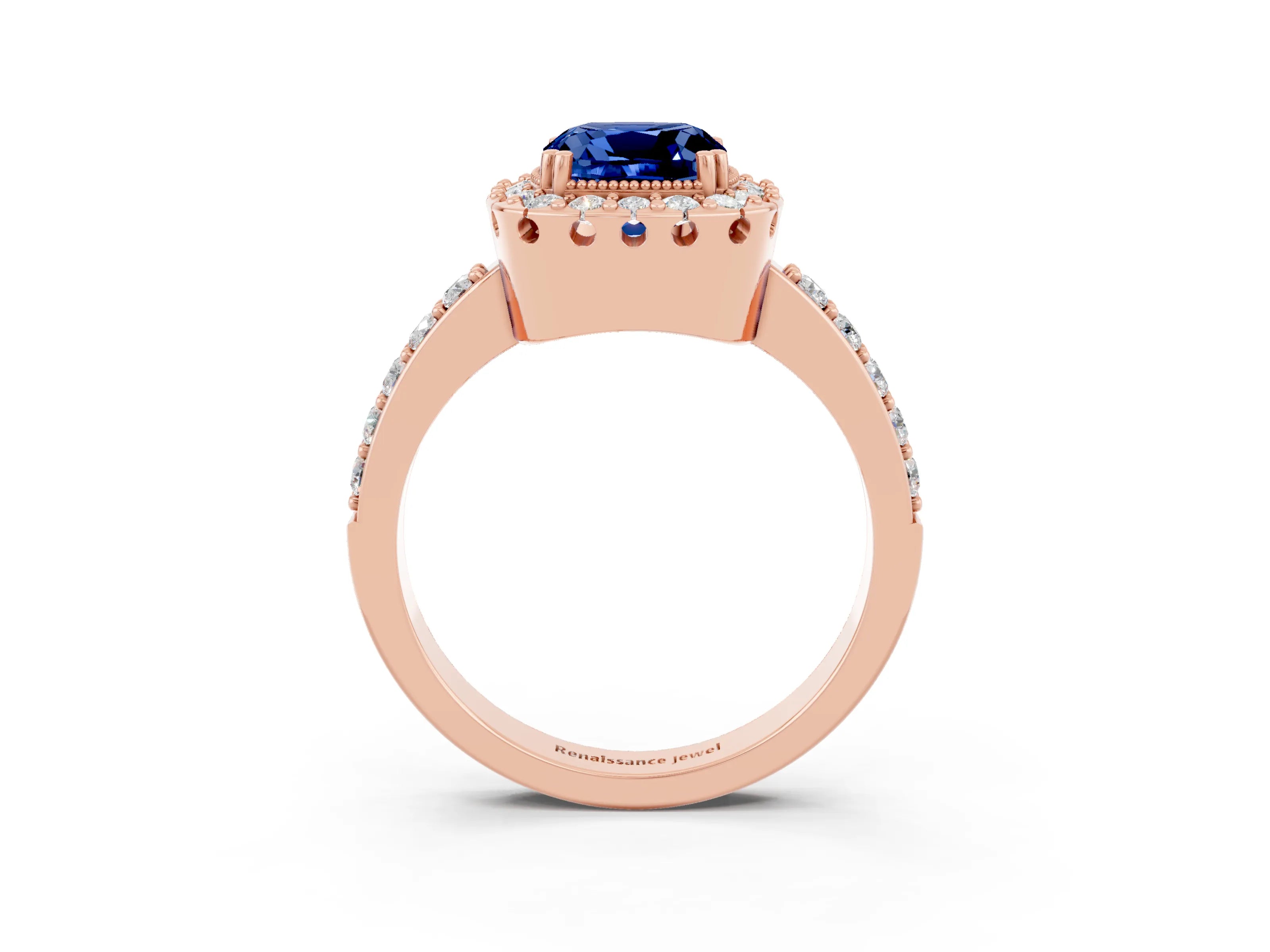 Rose gold Cushion Cut Diamond Halo Ring with Pavé Band and Prong Setting_3