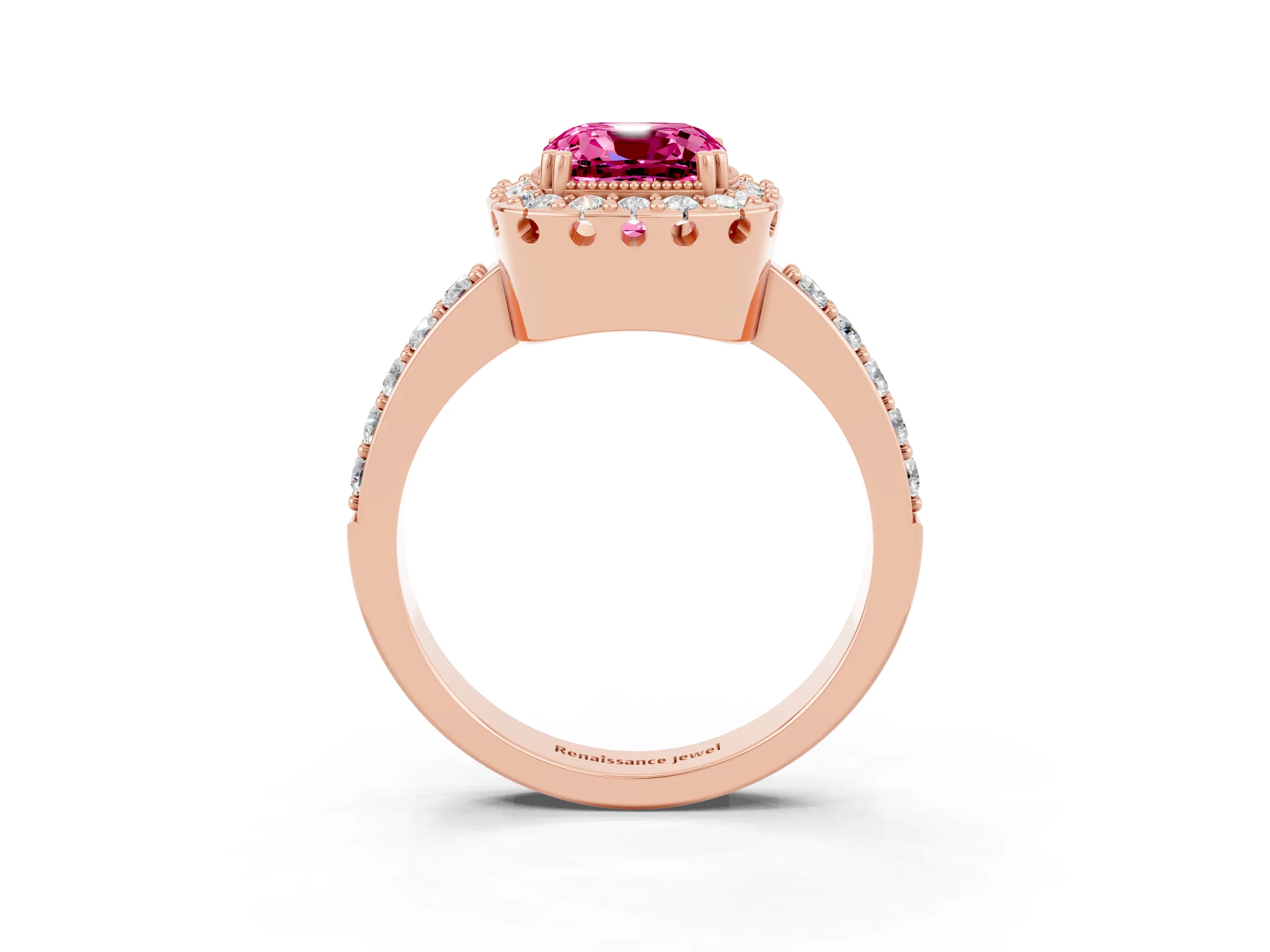Rose gold Cushion Cut Diamond Halo Ring with Pavé Band and Prong Setting_3