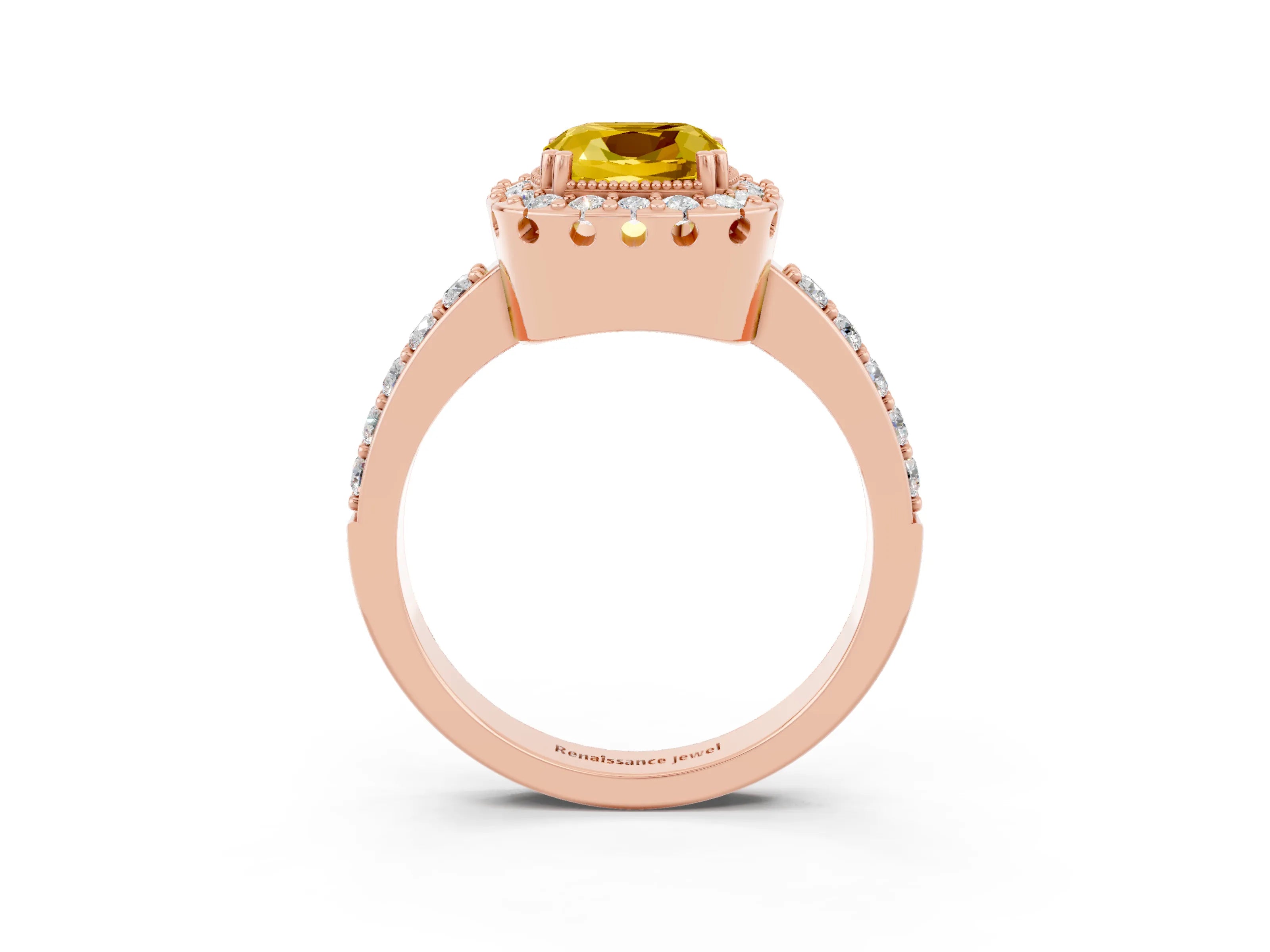 Rose gold Cushion Cut Diamond Halo Ring with Pavé Band and Prong Setting_3