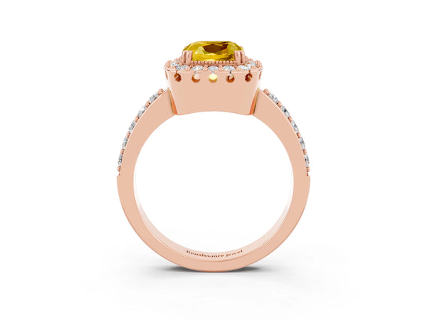 Rose gold Cushion Cut Yellow Sapphire Halo Ring with Pavé Band and Prong Setting